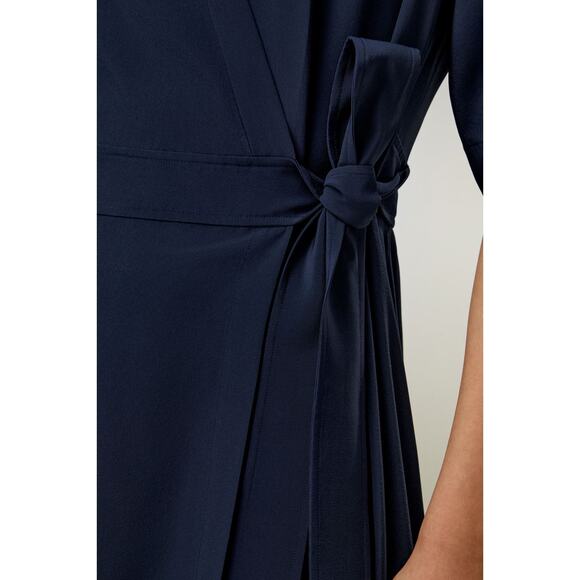 LILYSILK Dress Womens Small Navy Blue Silk Front Tie Wrap Midi Elbow Sleeve NWT - Picture 2 of 16